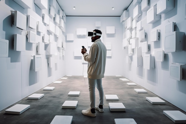 Um homem usando óculos de realidade virtual visita um museu de pinturas de arte digital e esculturas modernas