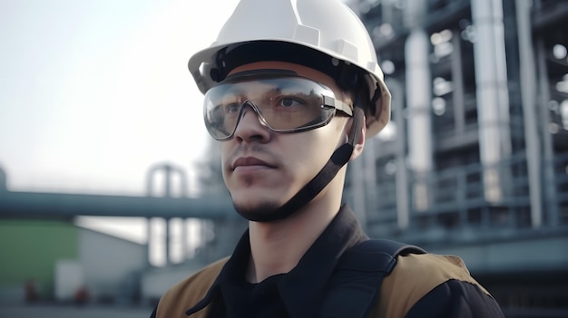 Um homem usando óculos de segurança está em frente a uma refinaria.