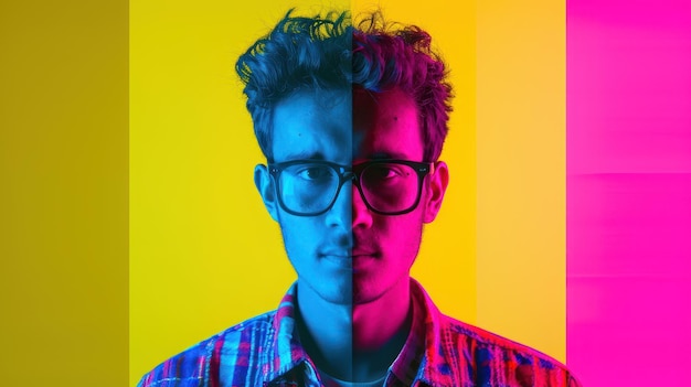 Um homem usando óculos está de pé na frente de um fundo multicolor vibrante