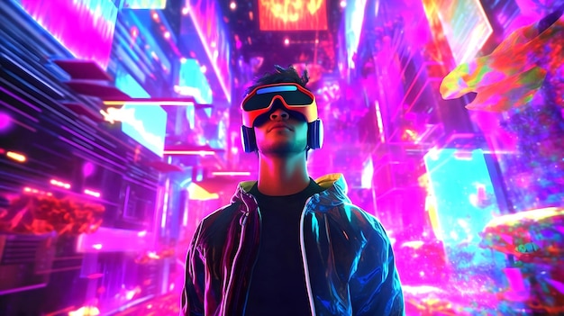 Um homem usando óculos neon city vr fica na frente de uma cidade neon.