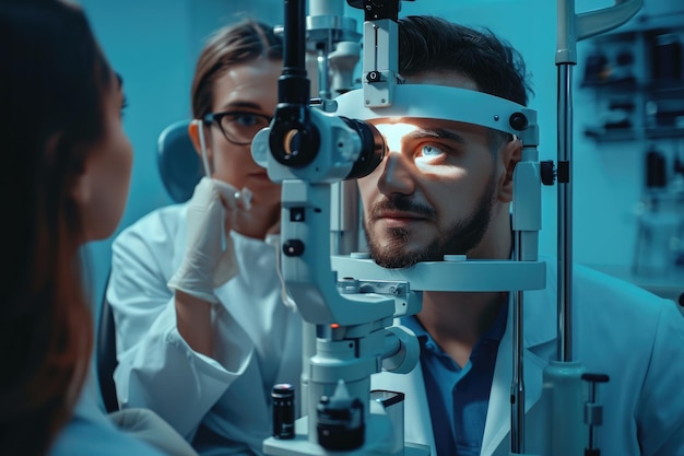 Um homem usando óculos olha focadamente para uma mulher envolvendo-se em uma interação visual Optometrist examinando os olhos de um paciente AI gerado