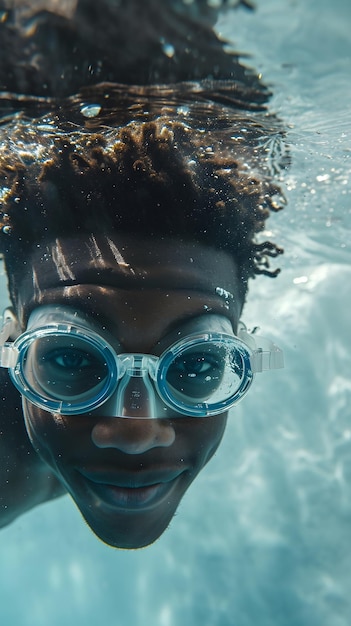 Um homem usando óculos que diz " nadar " debaixo d'água.