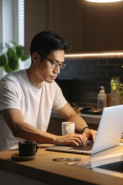 um homem usando óculos usando um laptop com uma caneca no balcão