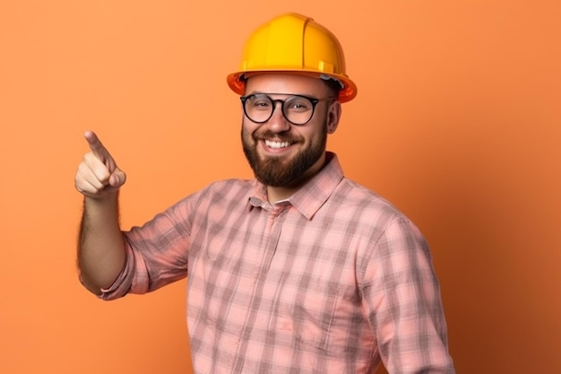 Um homem usando um capacete amarelo aponta para a direita.