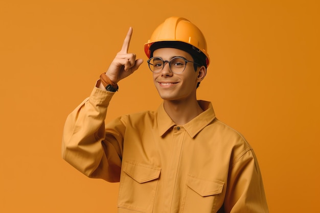 Um homem usando um capacete amarelo aponta para cima com o dedo indicador.