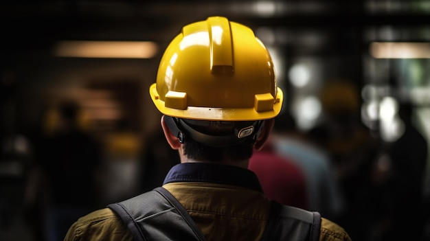 Um homem usando um capacete amarelo com a palavra nele