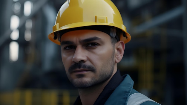 Um homem usando um capacete amarelo e uma camisa azul está em frente a uma fábrica.
