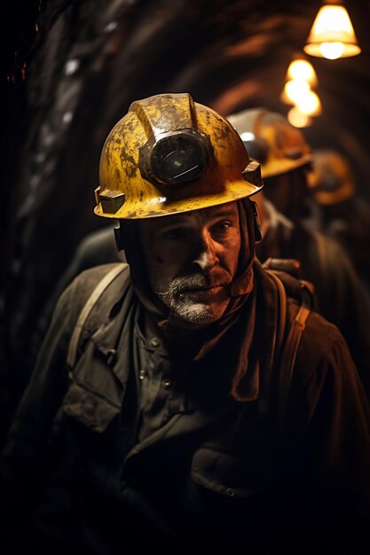 um homem usando um capacete amarelo está em um túnel com outros homens com capacetes amarelos