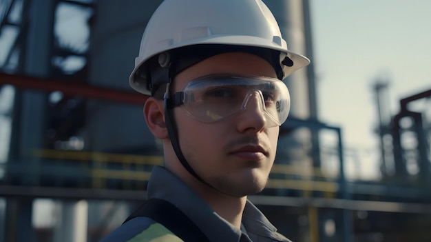 Um homem usando um capacete branco e óculos de segurança está em frente a uma fábrica.