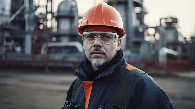 Um homem usando um capacete de segurança está em frente a uma fábrica.