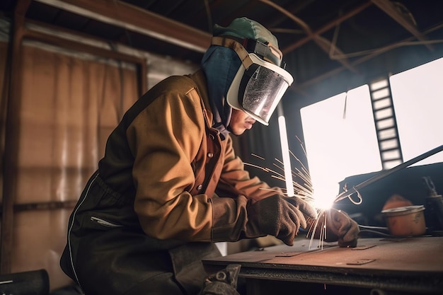 Um homem usando um capacete de segurança trabalha em um pedaço de metal com uma luz brilhando sobre ele.