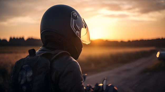 Um homem usando um capacete e olhando para o pôr do sol