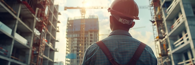 um homem usando um capacete está em frente a um edifício em construção