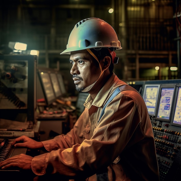 Um homem usando um capacete está trabalhando em um computador.