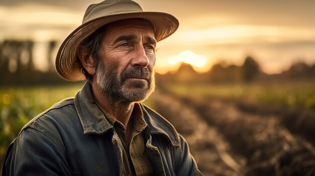 Um homem usando um chapéu parado em uma imagem geradora de IA de campo