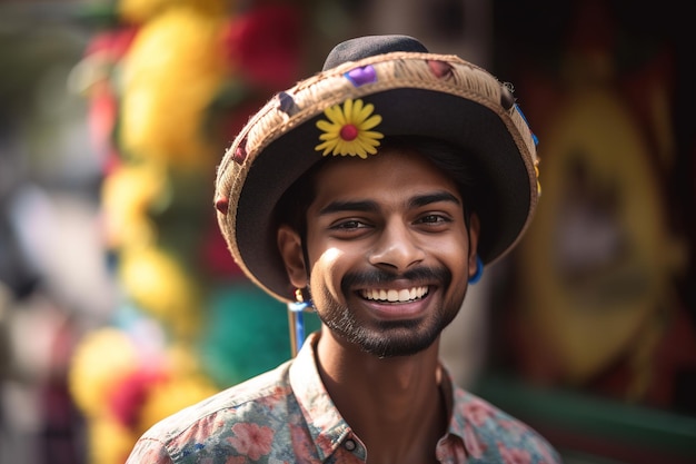Foto um homem usando um chapéu tradicional com uma flor.