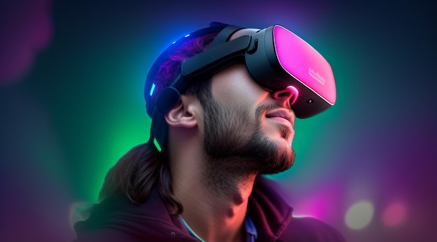 um homem usando um fone de ouvido de caixa VR cercado por luzes de néon