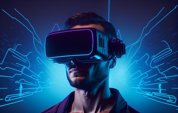 Um homem usando um fone de ouvido de realidade virtual com efeito de brilho neon