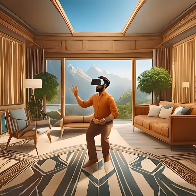 um homem usando um fone de ouvido de realidade virtual em uma sala com uma vista para a montanha