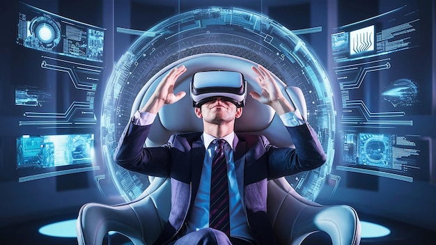 Foto um homem usando um fone de ouvido de realidade virtual está sentado em uma cabine gerada por ai