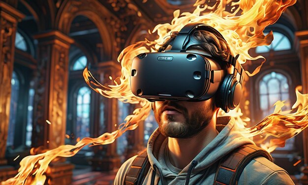 Foto um homem usando um fone de ouvido de realidade virtual imerso em um mundo imaginário de jogo