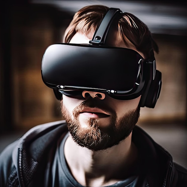 Um homem usando um fone de ouvido de realidade virtual preto