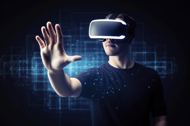 um homem usando um fone de ouvido de realidade virtual tocando o objeto virtual no fundo de tecnologia azul