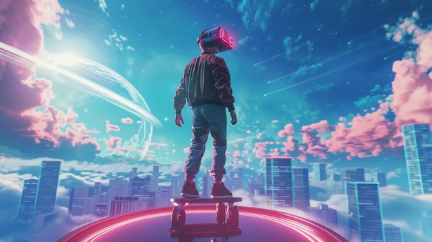 Um homem usando um fone de ouvido digital montando um hoverboard em um mundo metaverso contra um cenário de paisagem urbana conceito de interação humana com realidade mista