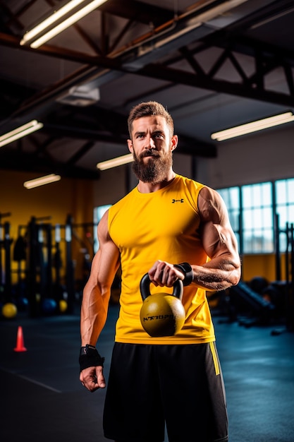 um homem usando um kettlebell em uma academia coberta