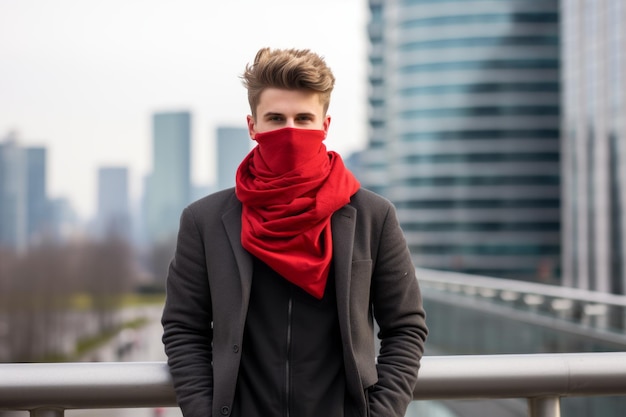 um homem usando um lenço vermelho em uma rua da cidade