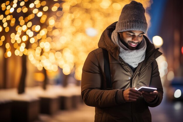 Um homem usando um smartphone na cidade, luz de fundo de inverno, bokeh, espaço vazio, IA generativa