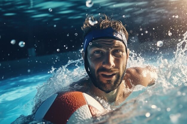 Um homem usando uma bandana está nadando em uma piscina. Esta imagem pode ser usada para representar exercícios físicos ou atividades de lazer