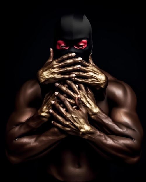 Um homem usando uma máscara com olhos vermelhos e uma máscara preta que diz 'sou um monstro'