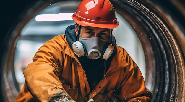 Um homem usando uma máscara de gás e uma máscara de gás está trabalhando em um túnel.
