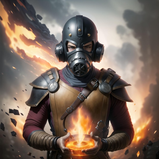 Um homem usando uma máscara de gás segura uma tigela de fogo.