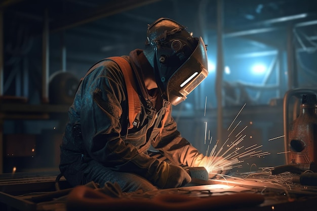 Um homem usando uma máscara de solda e um capacete está soldando uma peça de metal.