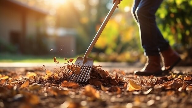 Um homem usando uma vassoura para limpar folhas secas