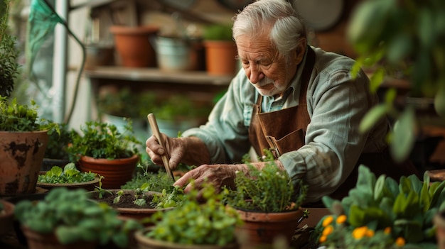 um homem velho com barba e avental que diz plantas em vaso