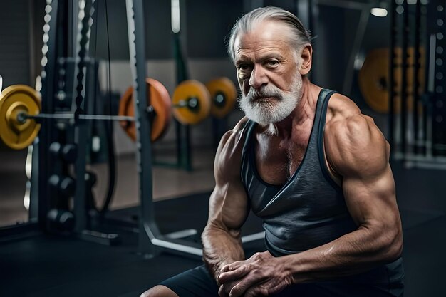 Um homem velho com barba está em um ginásio com uma grande barba branca