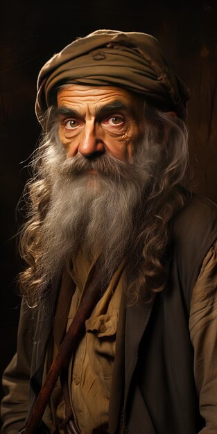 Foto um homem velho com barba longa e cabelo longo está de pé na frente de uma parede com uma grande barba branca