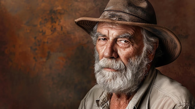 Foto um homem velho com uma longa barba branca e usando um chapéu castanho está olhando para a câmera com uma expressão séria
