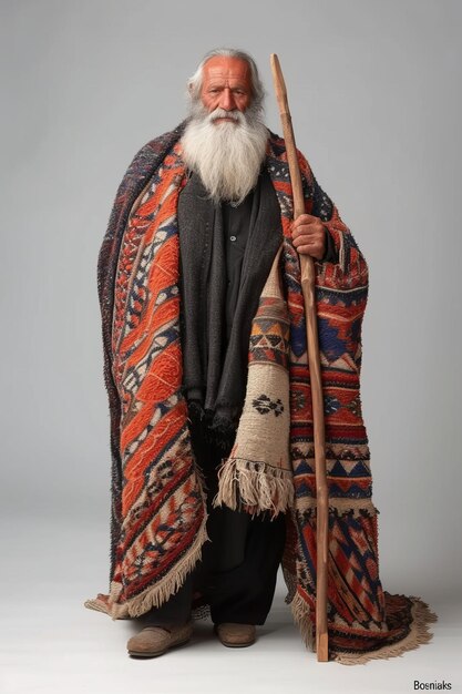 Um homem velho com uma longa barba branca e vestindo uma roupa tradicional da Bósnia