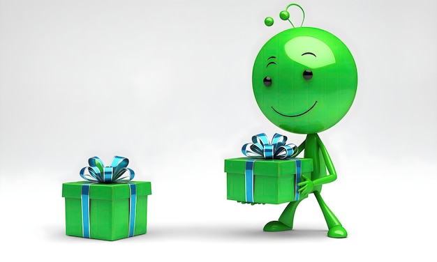 Foto um homem verde com uma caixa de presentes nas mãos.