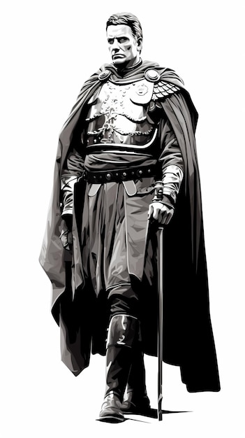 um homem vestido com uma armadura e uma espada