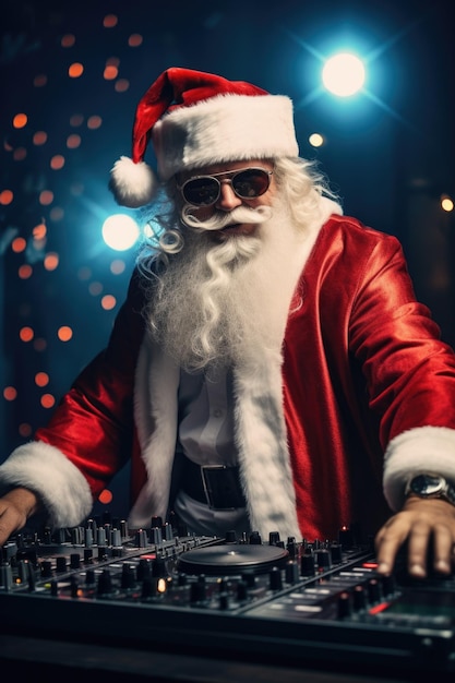 Foto um homem vestido de papai noel tocando como dj esta imagem pode ser usada para adicionar um toque festivo aos convites de festas de férias ou materiais promocionais