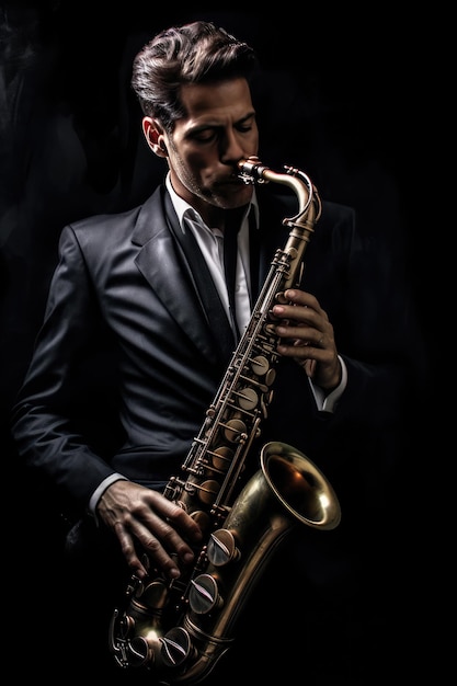 Foto um homem vestido de terno preto e gravata, com uma ousada gravata vermelha, tocando saxofone. ele parece estar profundamente imerso e apaixonado por sua música, mostrando seu talento e habilidade no instrumento.