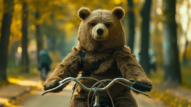 Um homem vestido de urso está andando de bicicleta por um caminho arborizado. Ele está vestindo um traje de urso castanho com um focinho castanho claro e olhos castanhos escuros.