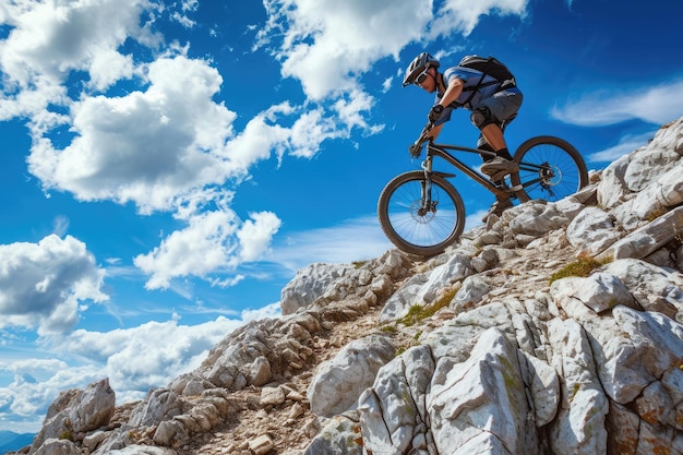 Um homem vestindo equipamento de proteção anda em uma bicicleta de montanha por uma encosta íngreme e rochosa desafiando o terreno desafiador Um motociclista de montanha inspirador conquistando um caminho rochoso Gerado por IA