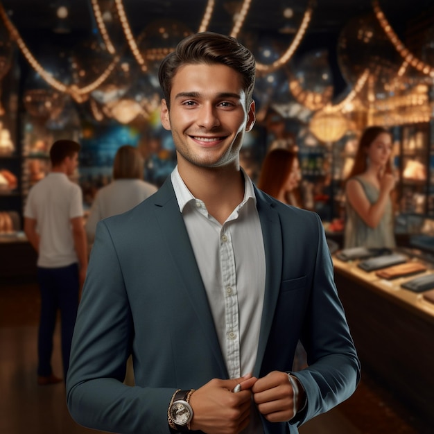 um homem vestindo terno e relógio está em frente a um bar.