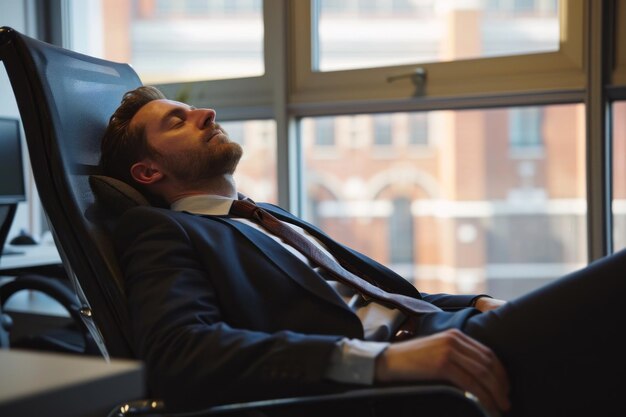 Foto um homem vestindo terno tirando uma soneca em seu escritório ia generativa